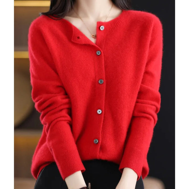 Bright red button-front knit cardigan sweater with round neckline