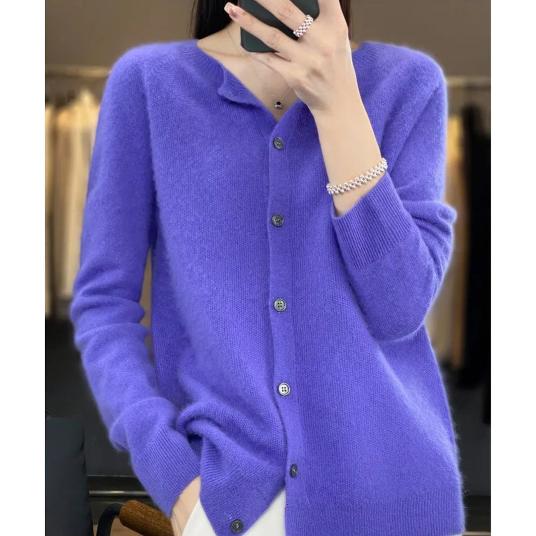 Violet purple button-front cashmere cardigan, close-up front view