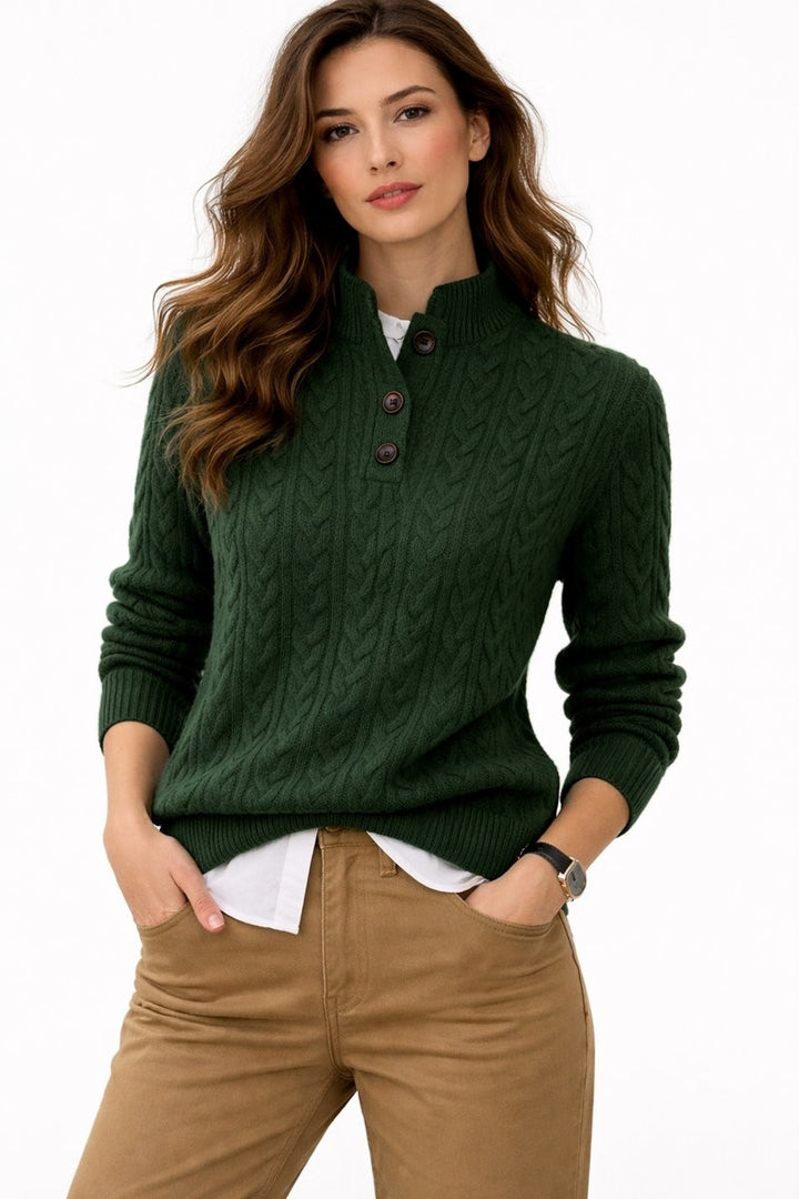 Forest green cable knit button mock neck sweater paired with khaki pants