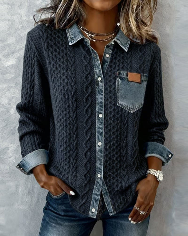 Dark cable-knit denim-patchwork button-down shirt worn with hand in pocket