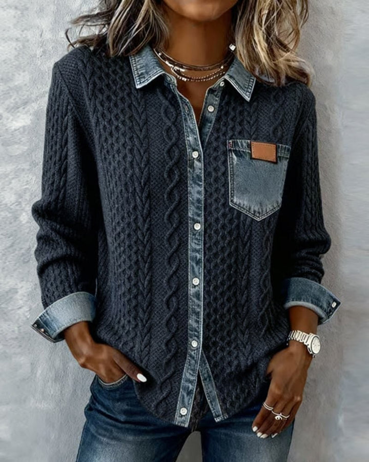 Dark cable-knit denim-patchwork button-down shirt worn with hand in pocket