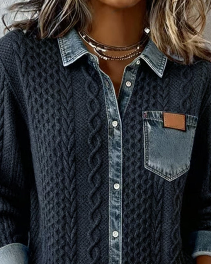 Denim collar and chest pocket detail on dark cable-knit button-down shirt