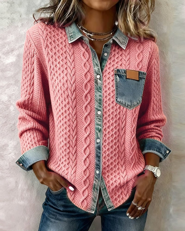 Pink cable-knit denim-patchwork button-down shirt styled with rolled denim cuffs