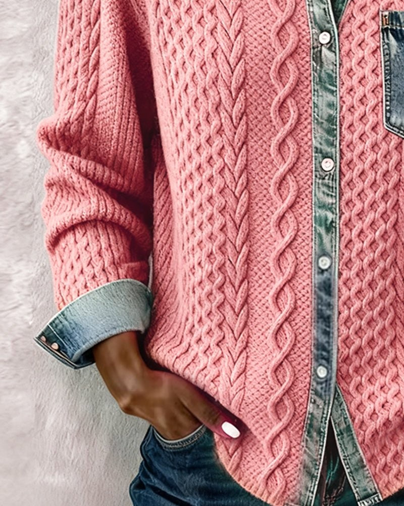Pink cable-knit button-down shirt showing denim placket and cuffed sleeve
