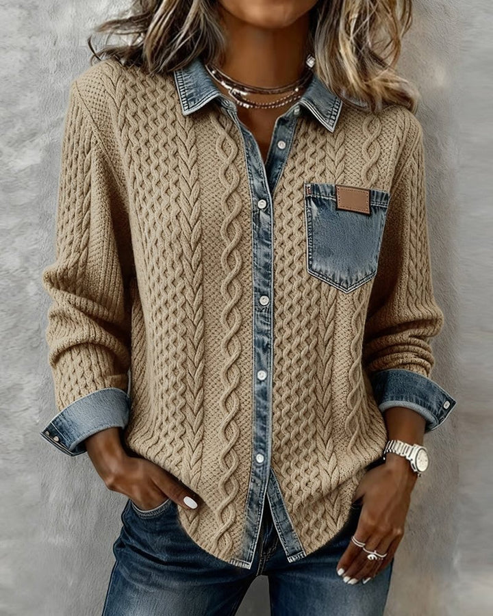 Beige cable-knit denim-patchwork button-down shirt paired with blue jeans