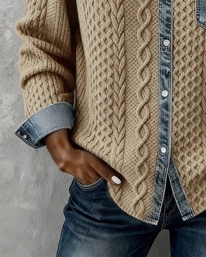 Cuff detail on beige cable-knit shirt with denim trim and pocket