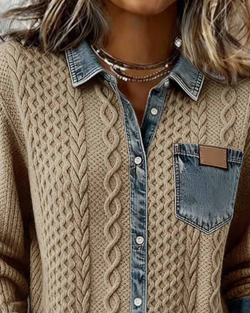 Beige cable-knit button-down shirt with denim collar and leather patch pocket
