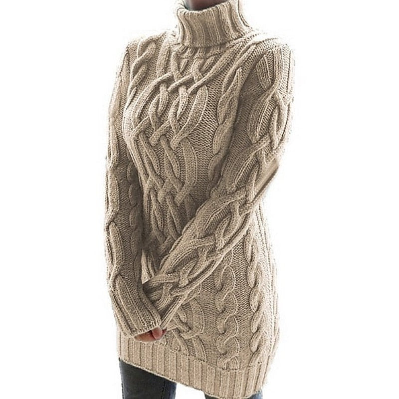 Beige cable-knit turtleneck sweater dress with ribbed hem