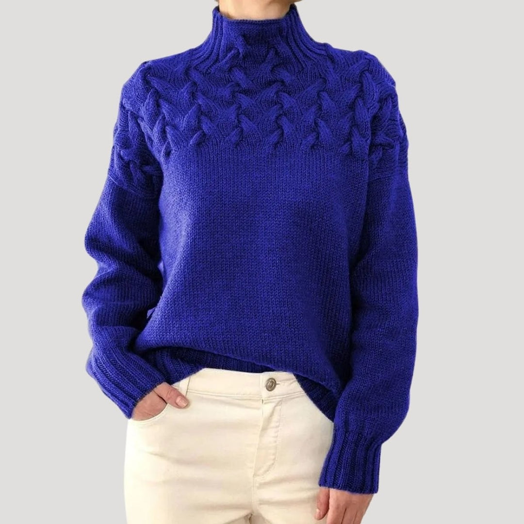 Royal blue cable knit turtleneck sweater with chunky braided yoke detail