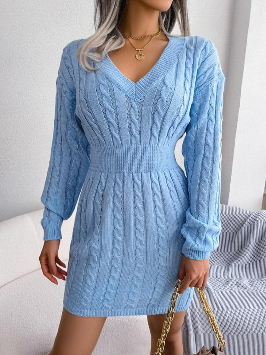 Light blue cable-knit sweater dress featuring fitted waist and V-neck