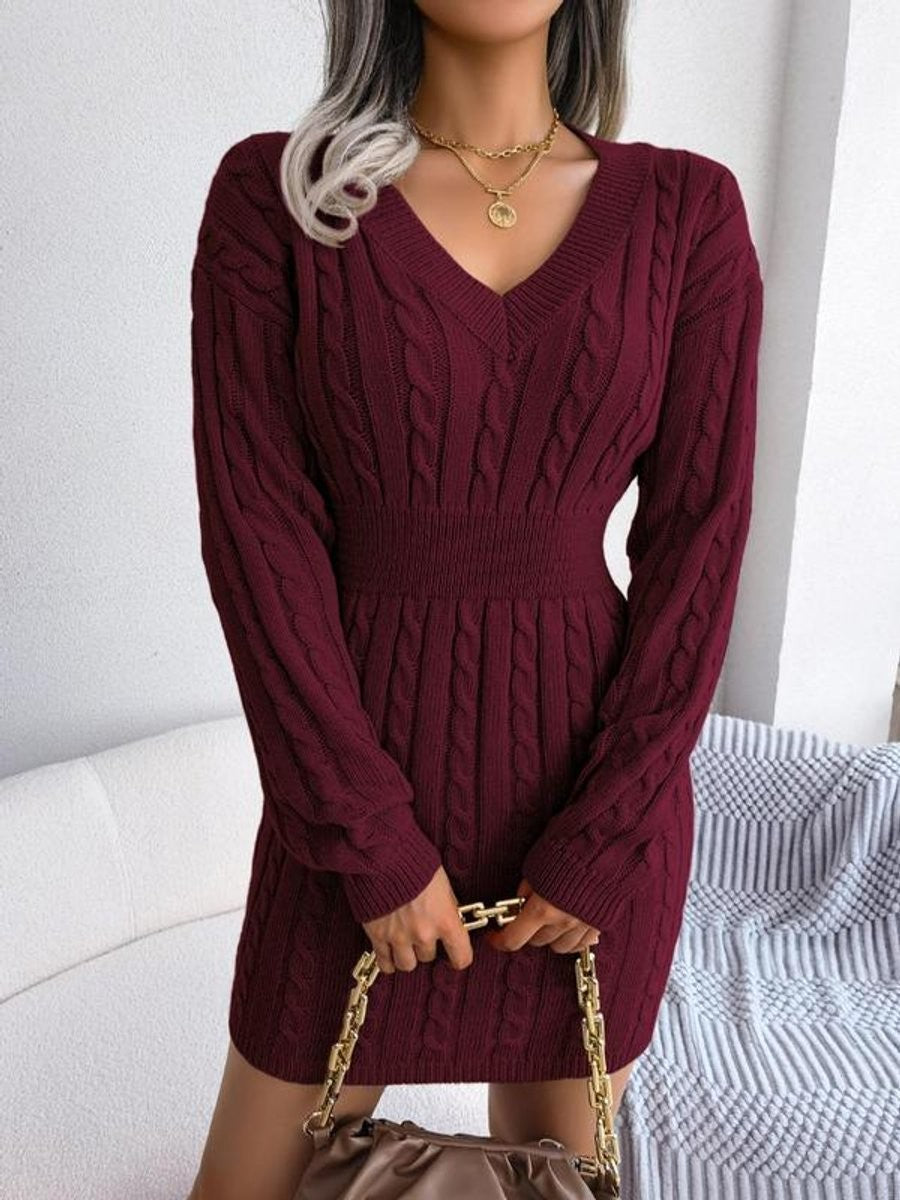 Burgundy cable-knit sweater dress with long sleeves and fitted waist