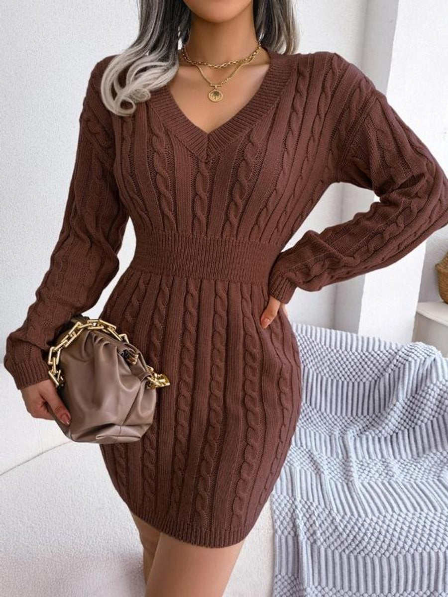 Brown cable-knit sweater dress with fitted waist and V-neckline