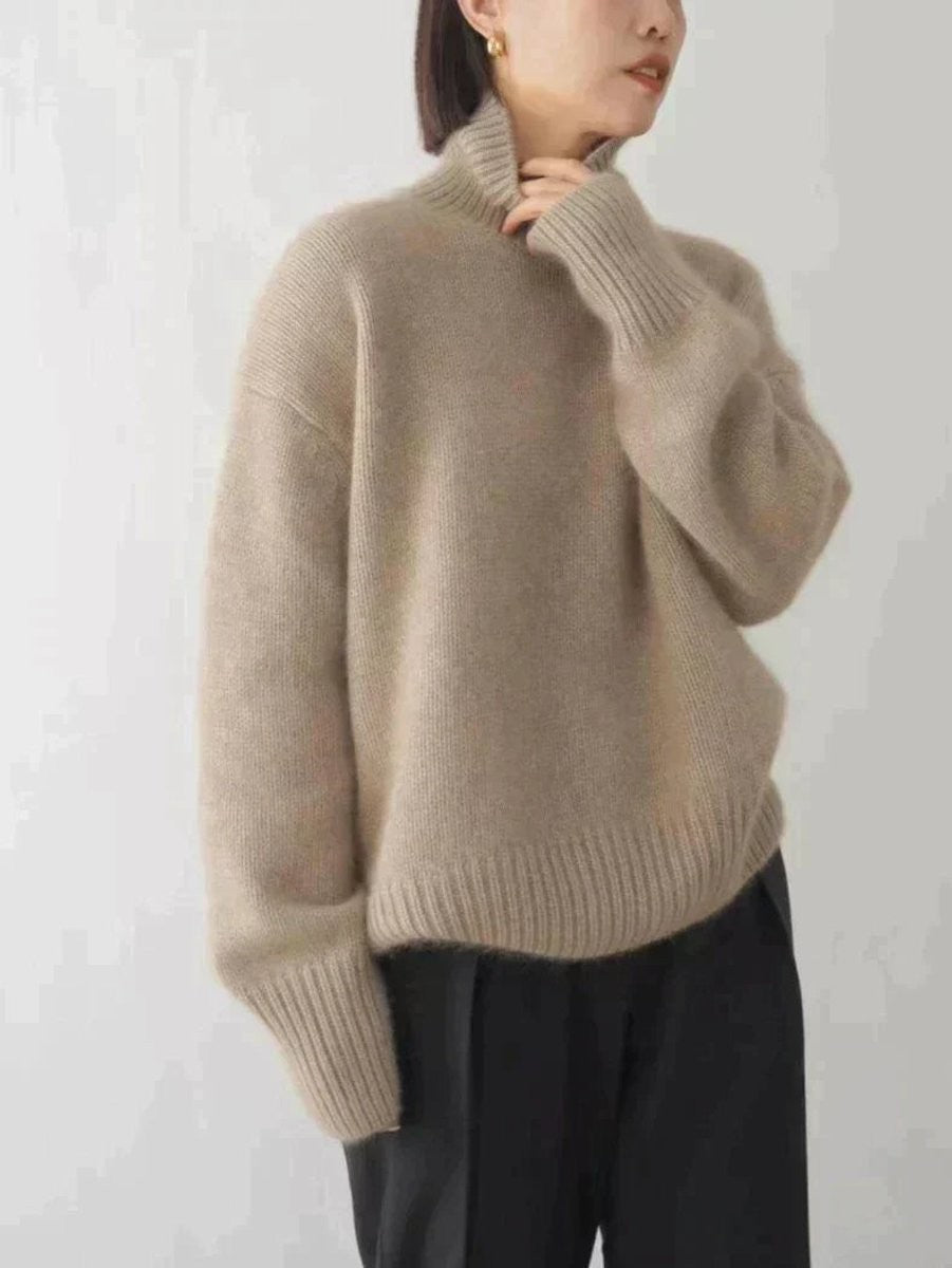 Taupe cashmere turtleneck sweater with relaxed fit and ribbed collar