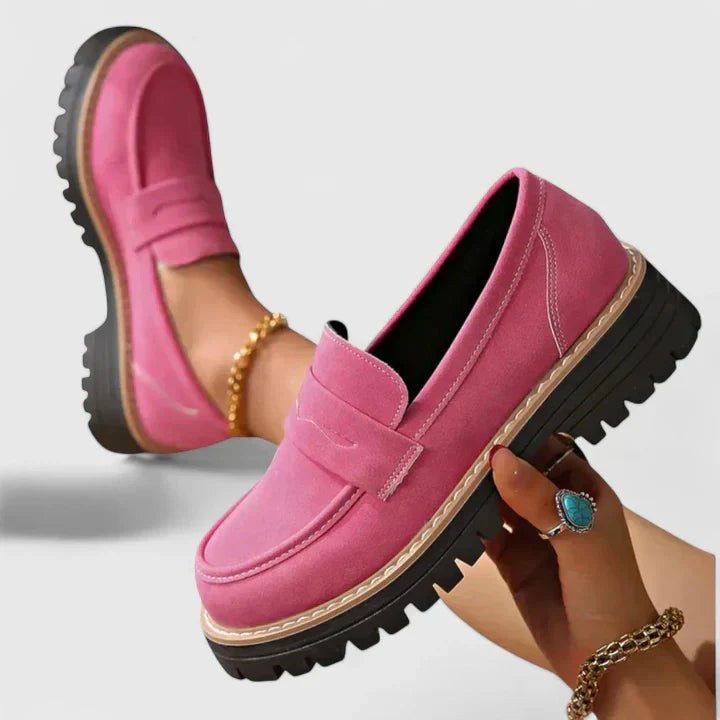 pink suede platform loafers with black lug sole, styled with gold jewelry