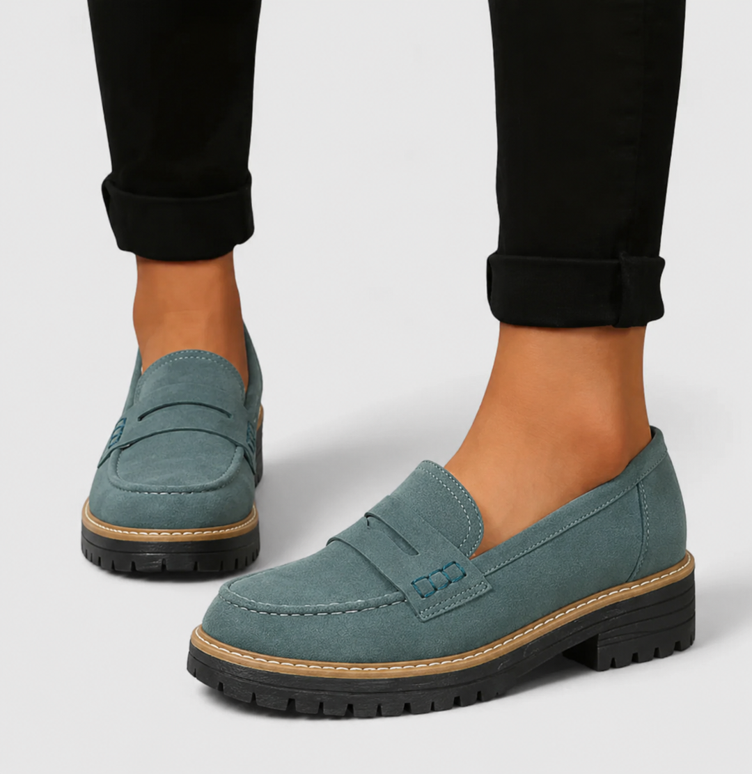 teal suede penny loafers with contrast piping and lug platform sole