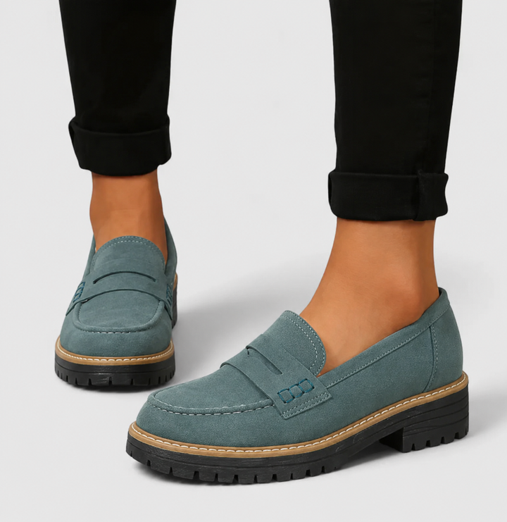 teal suede penny loafers with contrast piping and lug platform sole