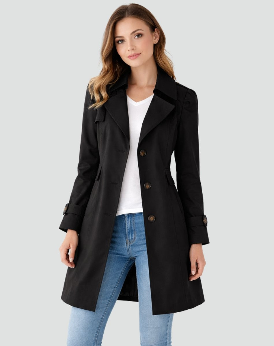 black double-breasted mid-length trench coat with notched collar and button cuffs