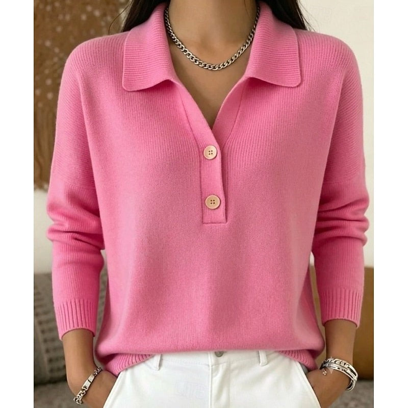 Pink knit collared pullover featuring two-button placket and drop shoulders