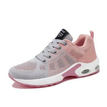 Gray and pink knit sneaker with air-cushioned sole and lace-up front