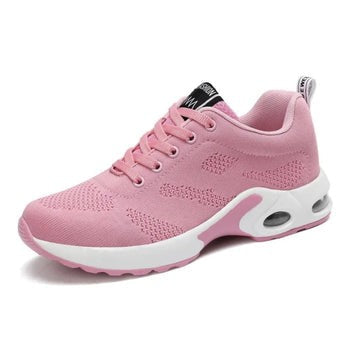 Pink knit sneaker with white sole and breathable mesh upper