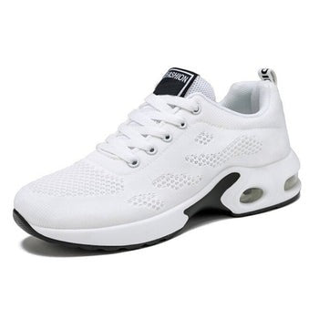 White mesh sneaker with black accents and air-cushioned white sole