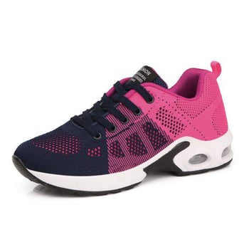 Navy and pink knit sneaker with lace-up front and chunky white sole