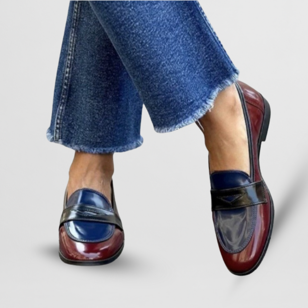 Burgundy and navy two-tone penny loafers with glossy patent leather finish