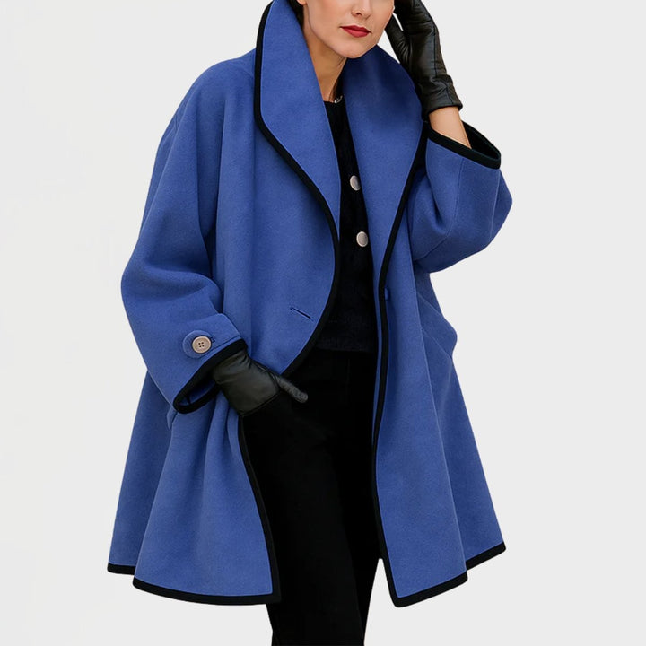 Blue oversized wool-blend swing coat with black contrast trim and shawl collar