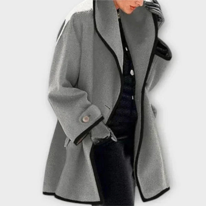 Gray wool-blend swing coat with contrast black trim and relaxed fit
