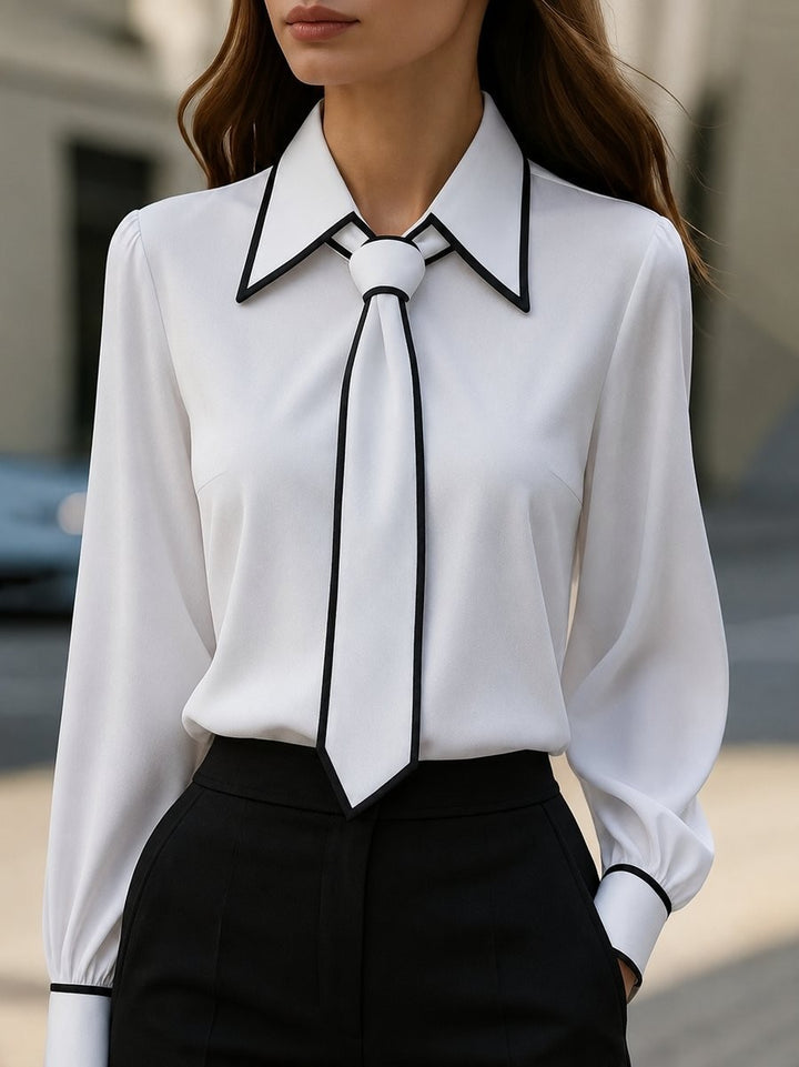 White contrast-trim blouse with attached necktie and long sleeves