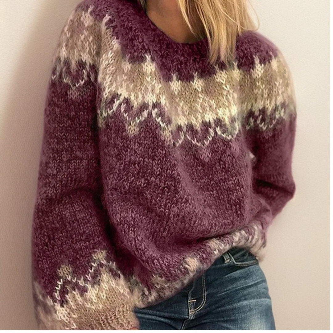 Purple Fair Isle knit sweater with cream and tan yoke pattern