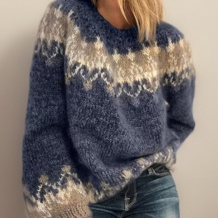 Navy blue Fair Isle sweater featuring cozy chunky knit yoke design