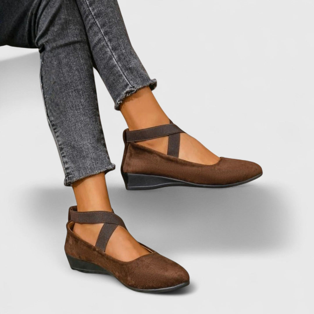 brown suede wedge flats with crisscross ankle strap detail
