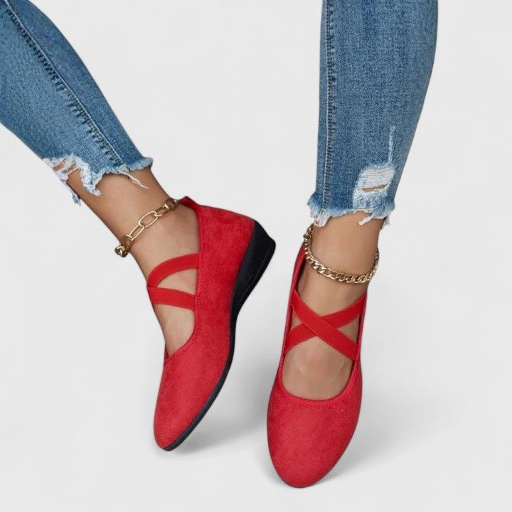 red suede wedge flats with crisscross elastic ankle straps