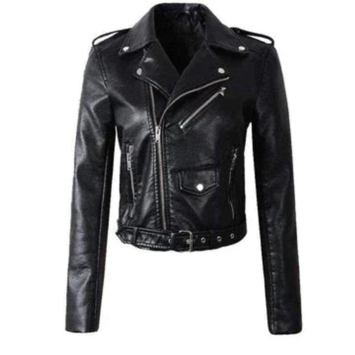 Black cropped biker jacket featuring notched lapel and silver zippers