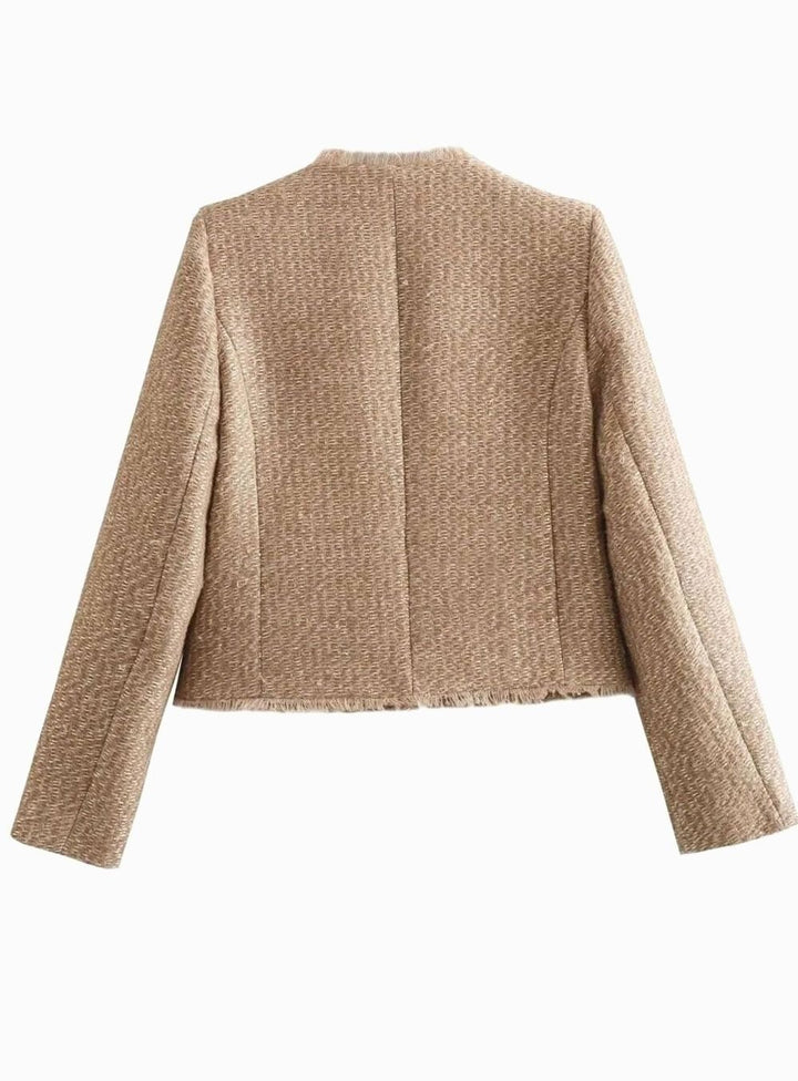 Beige tweed cropped blazer back view showing frayed collar detail