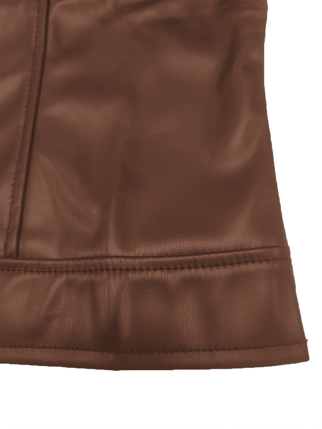 Close-up of brown faux leather jacket hem showing seam detail