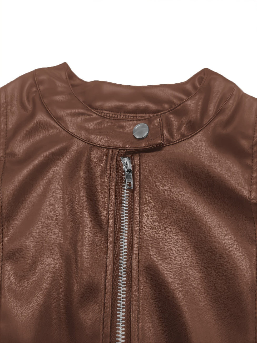 Close-up of brown leather jacket collar with snap button and zipper