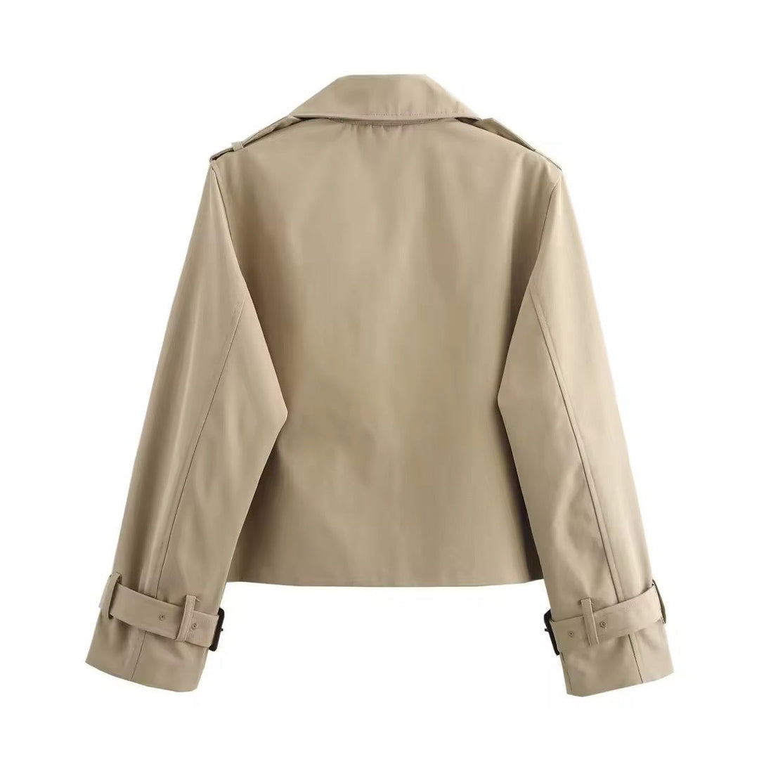 Beige cropped trench jacket back view showing belted cuff detail