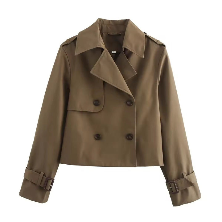 Brown cropped double-breasted trench coat with notched lapel and buckle cuffs