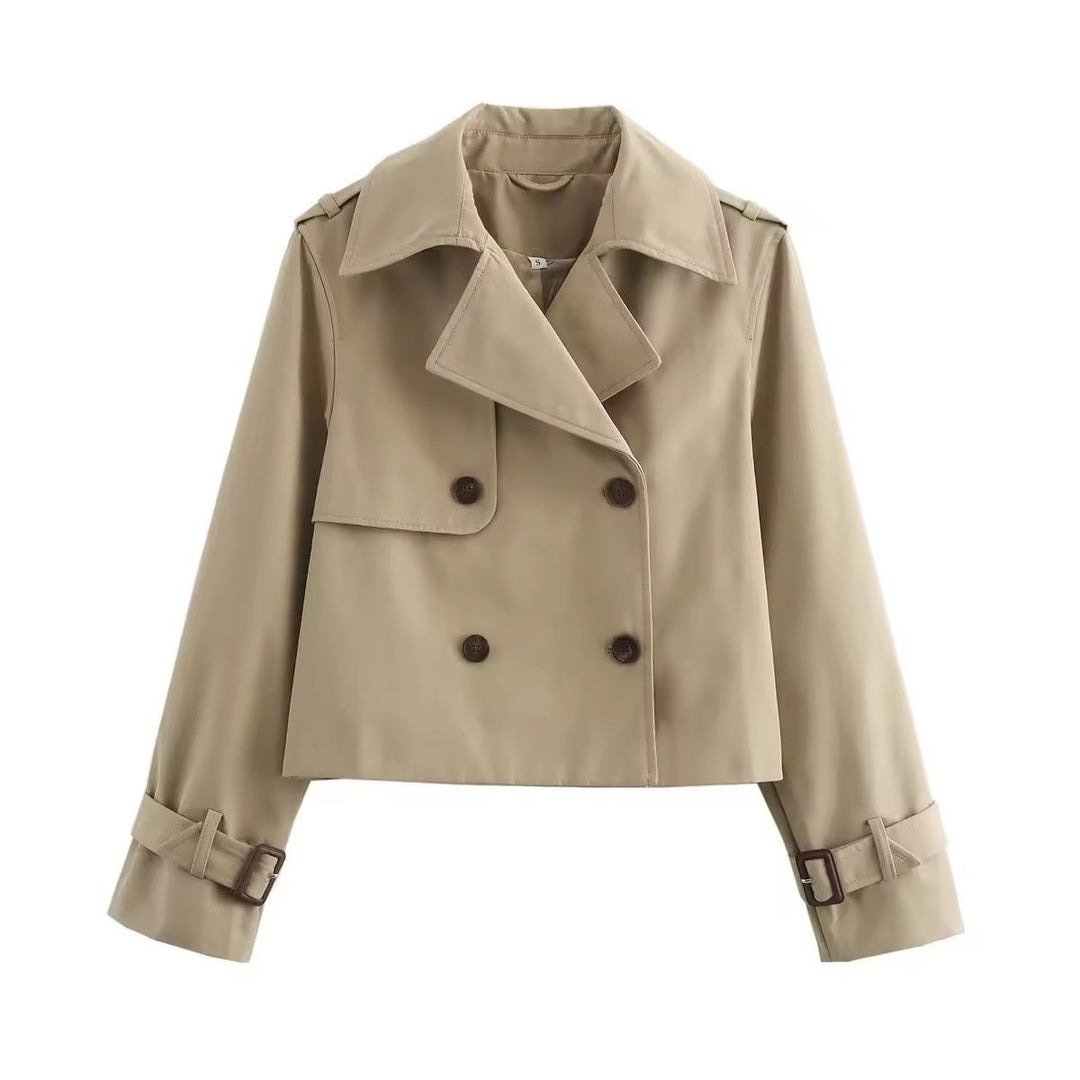 Khaki cropped trench jacket with double-breasted buttons and belted sleeves