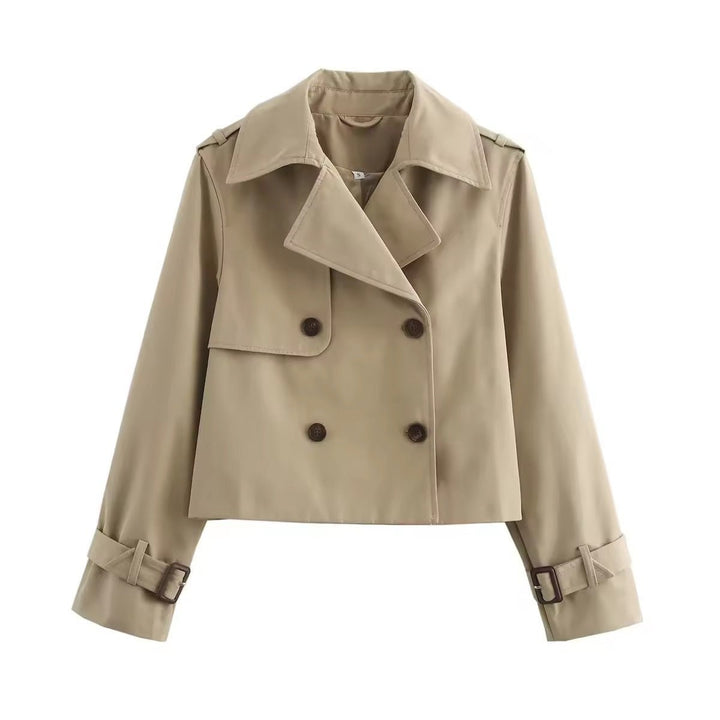 Khaki cropped trench jacket with double-breasted buttons and belted sleeves