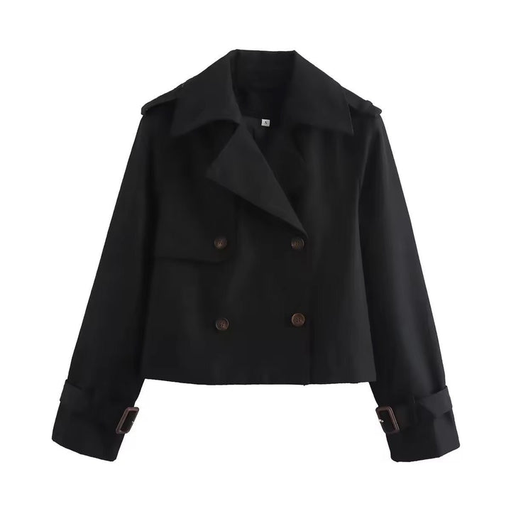 Black cropped double-breasted trench jacket with notched collar and buckle cuffs