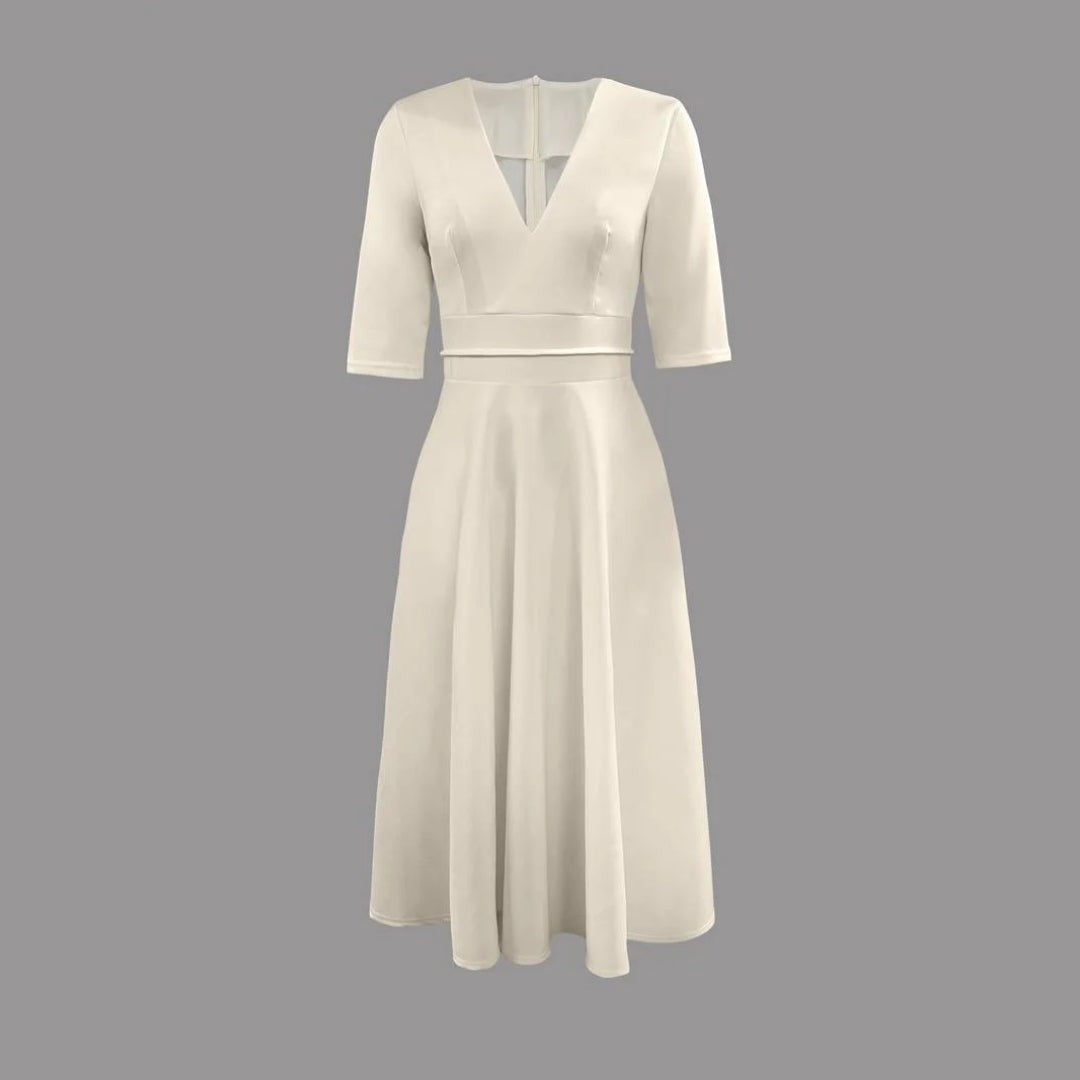 Cream fit and flare midi dress shown in 3D flat lay rendering