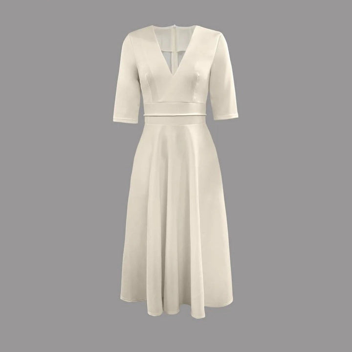 Cream fit and flare midi dress shown in 3D flat lay rendering
