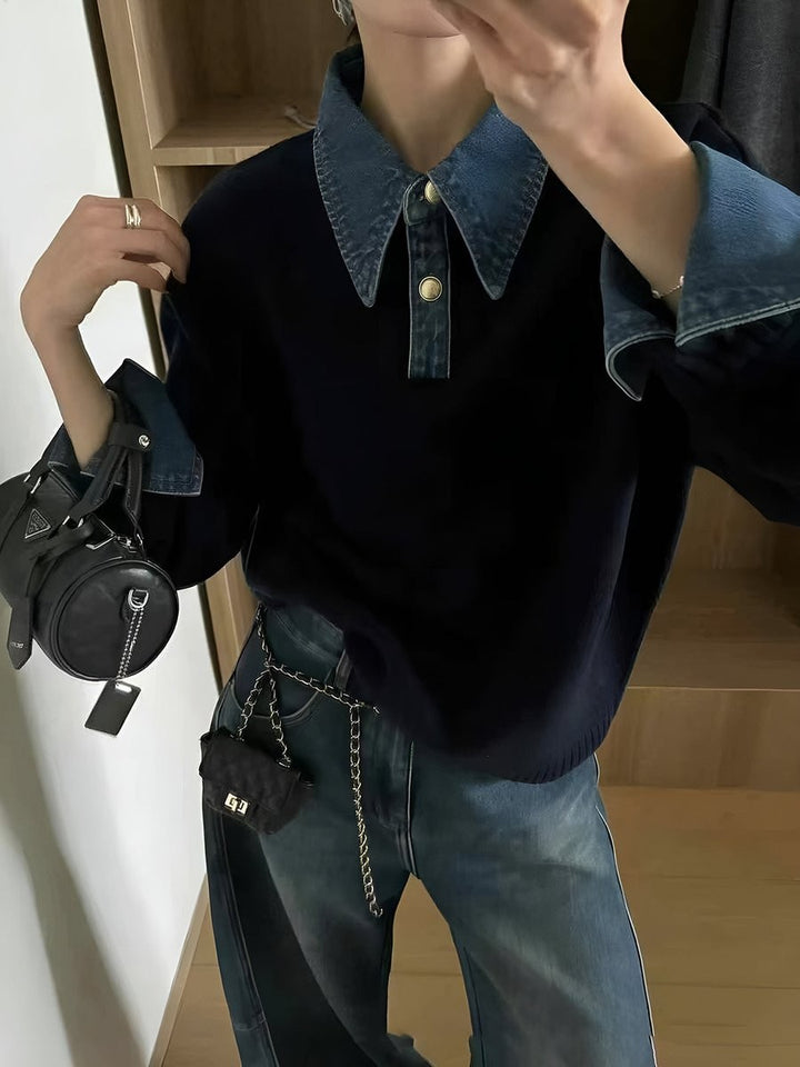 model wearing navy denim-collar knit polo with rolled cuffs