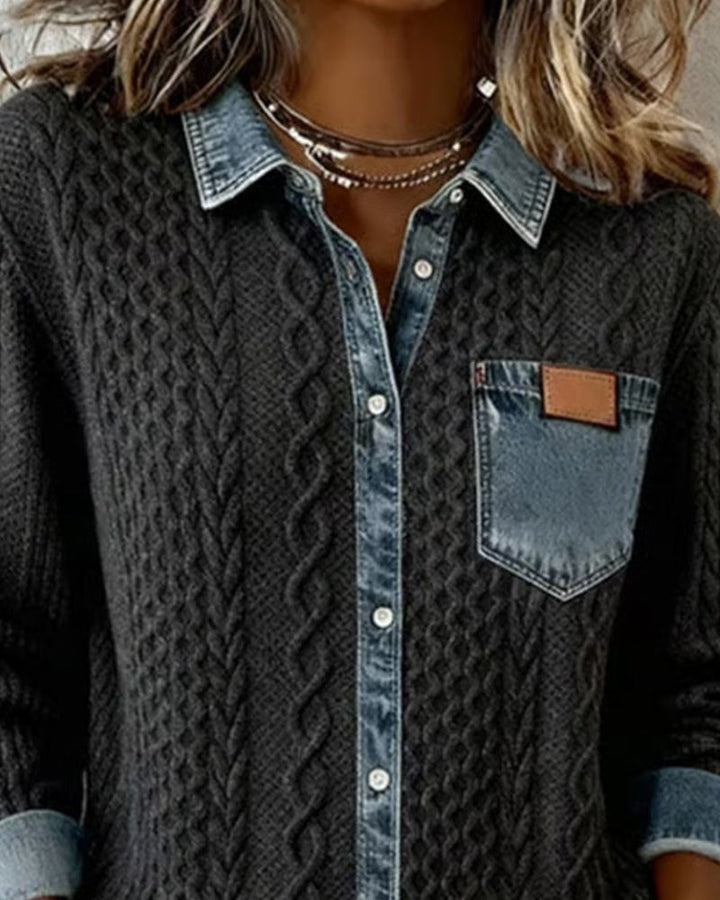 denim collar and chest pocket detail on black cable-knit shirt