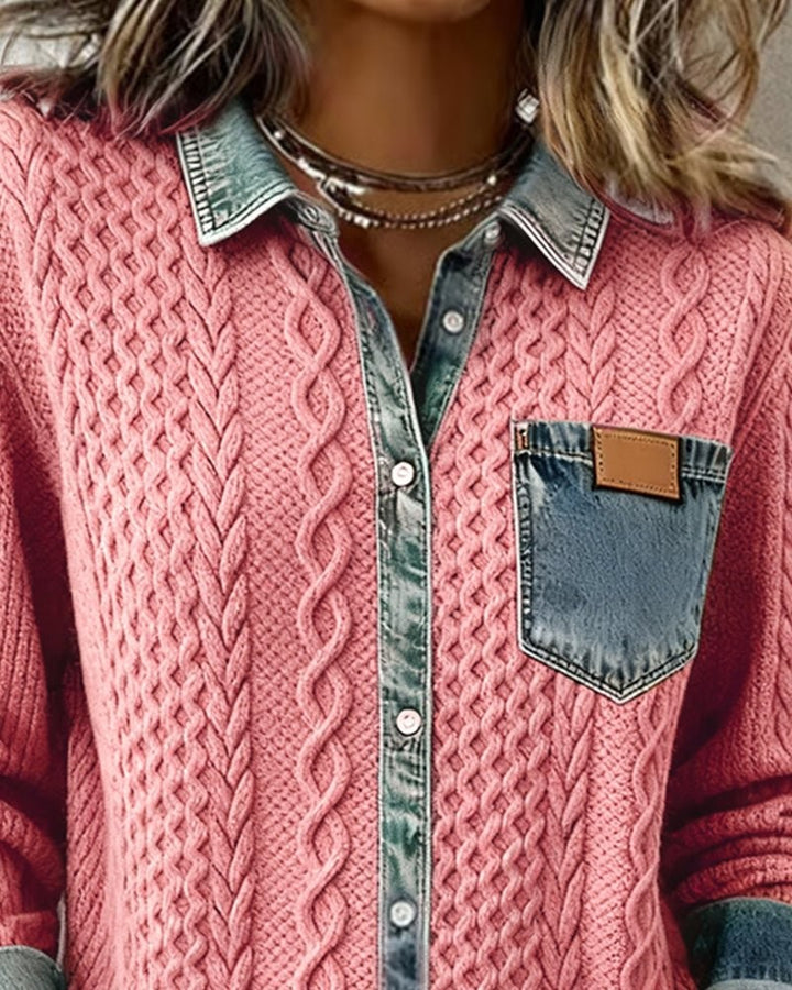 close-up of pink knit button-down with denim collar and pocket