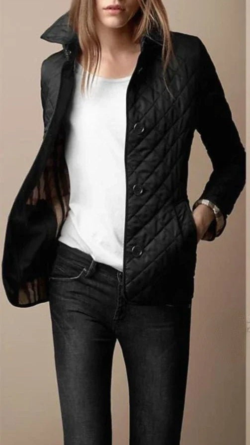 Black diamond-quilted tailored jacket with button-front closure and stand collar