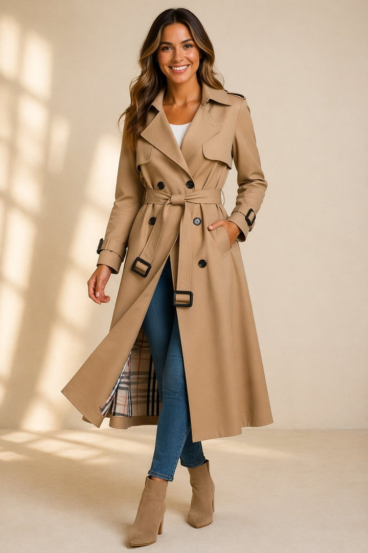Camel double-breasted long trench coat with tie belt and buckle cuffs